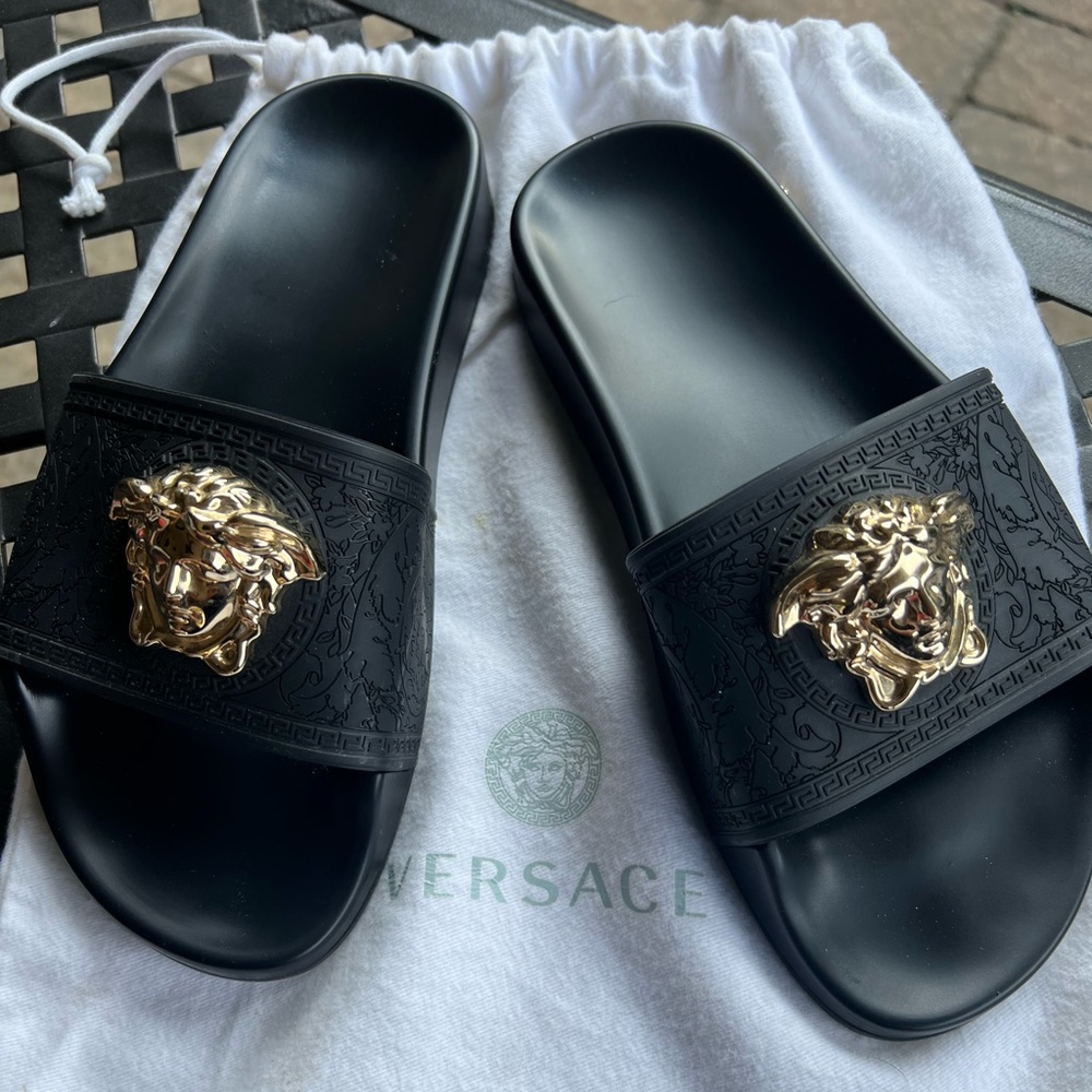 Versace Black Slides with Gold Medusa Emblem